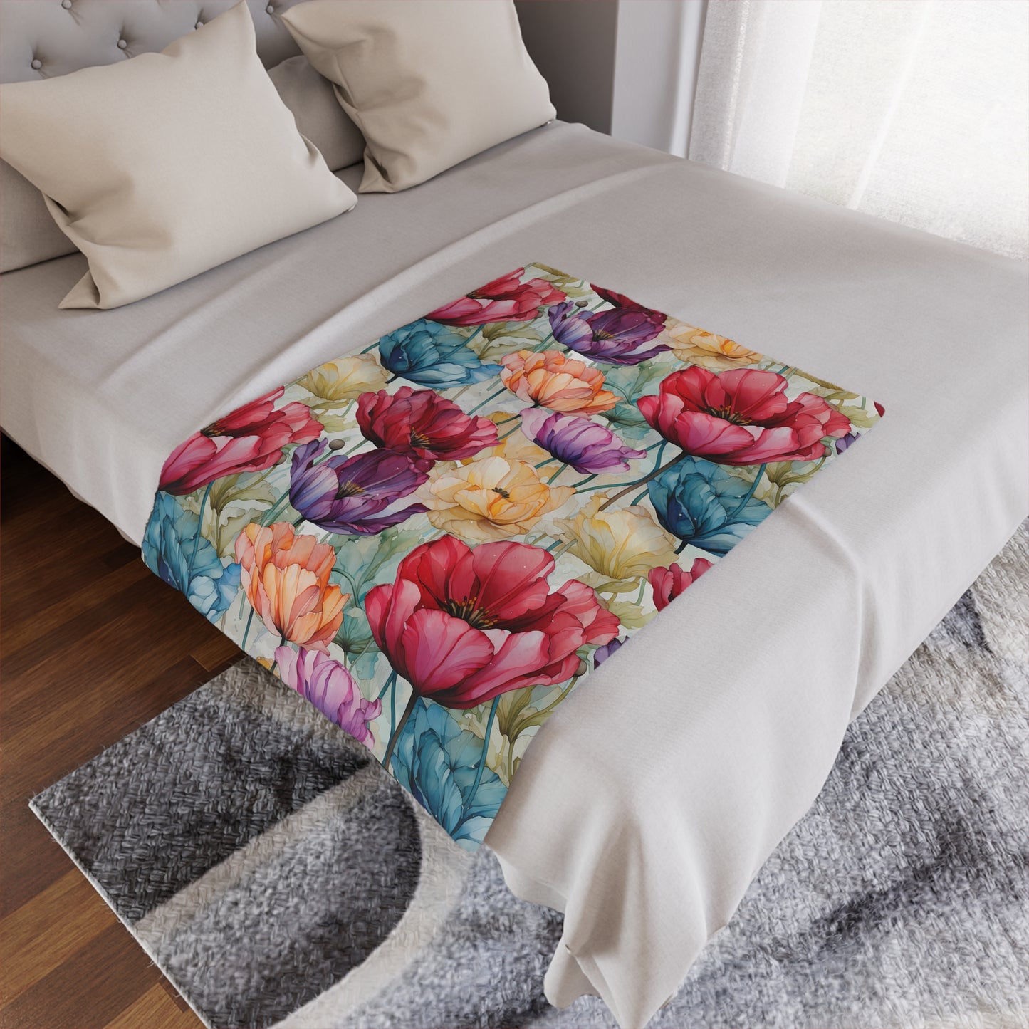 Ultimate Valentine's Day Gift - High Quality Microfiber Blanket - Watercolor painted Tulip Flower Design - 3 Sizes Available