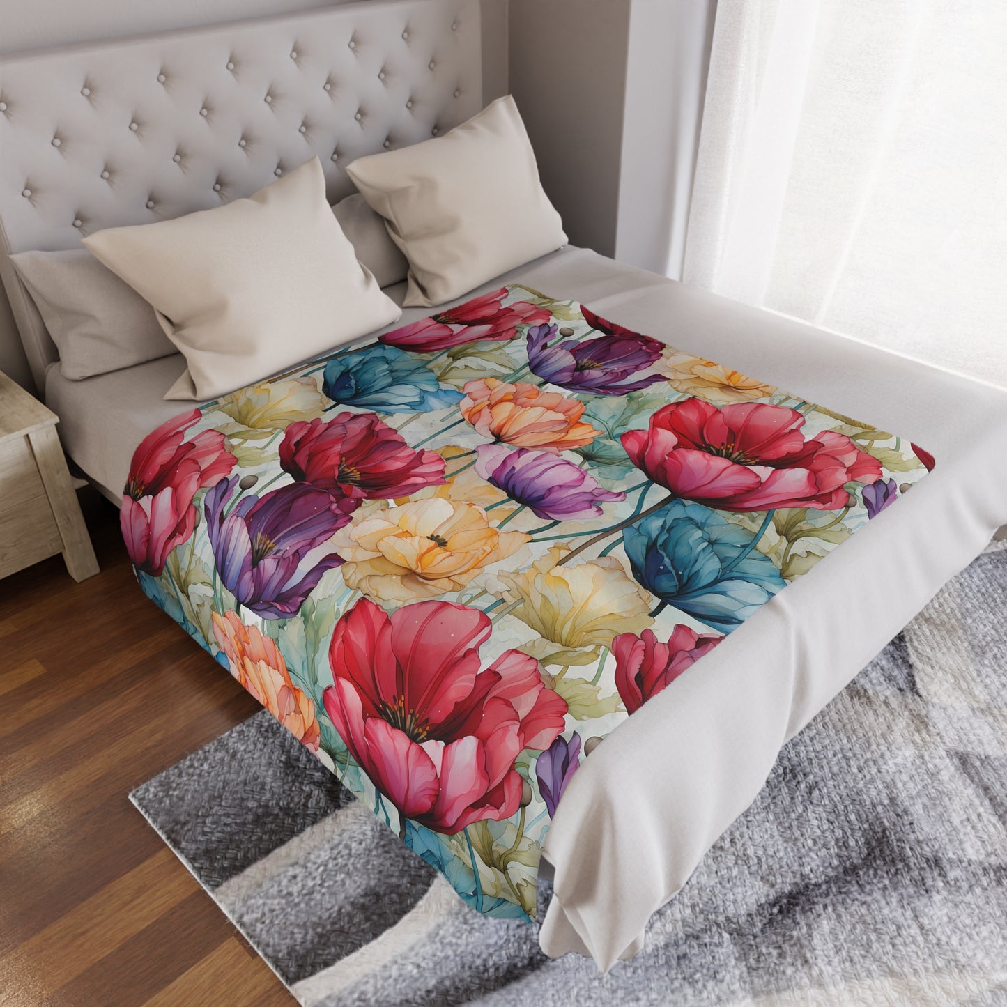 Ultimate Valentine's Day Gift - High Quality Microfiber Blanket - Watercolor painted Tulip Flower Design - 3 Sizes Available