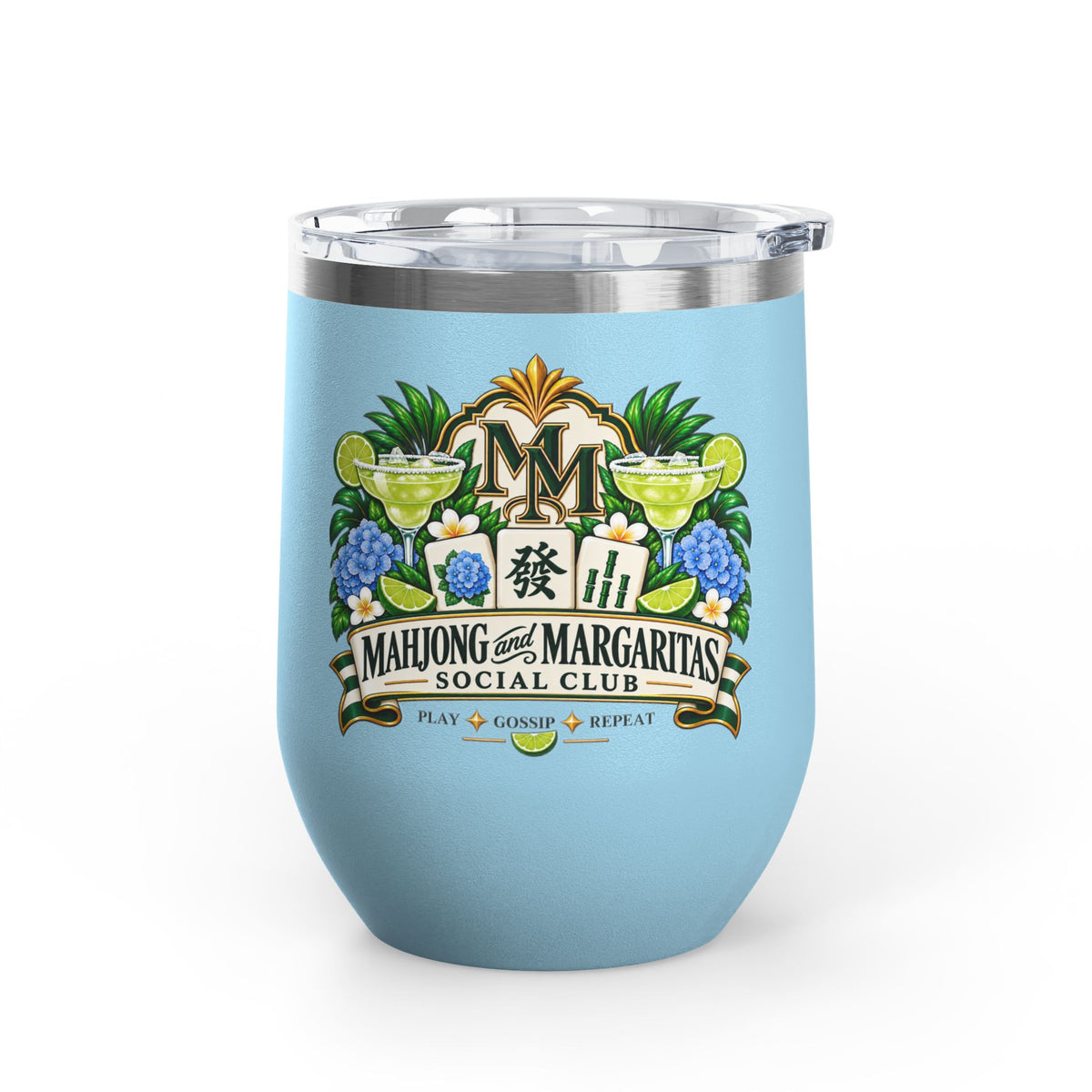 Mahjong & Margaritas Social Club Wine Tumbler – 12oz Insulated Stainless Steel Cup