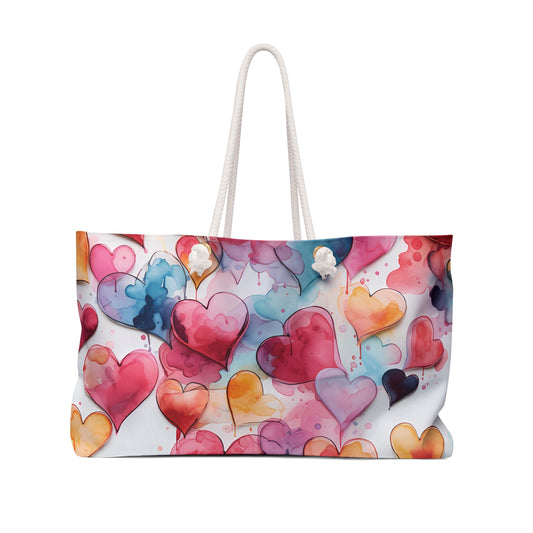 Beautiful Weekender Bag - Watercolor Painted Hearts Design - Perfect for the gym, beach, dance class, bridesmaid or sleepovers!