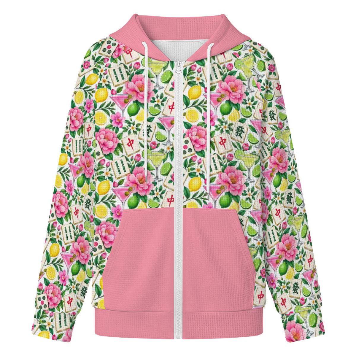 Mahjong and Drinks Pink Women's Full Zip Waffle Knit Hoodie