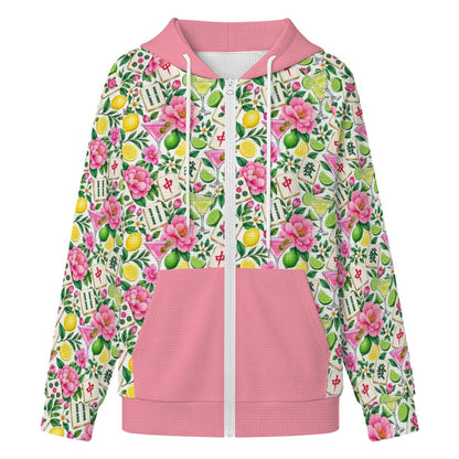 Mahjong and Drinks Pink Women's Full Zip Waffle Knit Hoodie