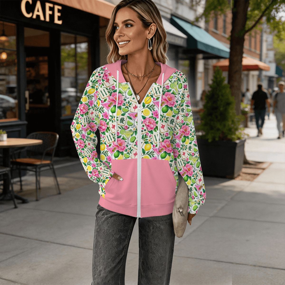 Mahjong and Drinks Pink Women's Full Zip Waffle Knit Hoodie