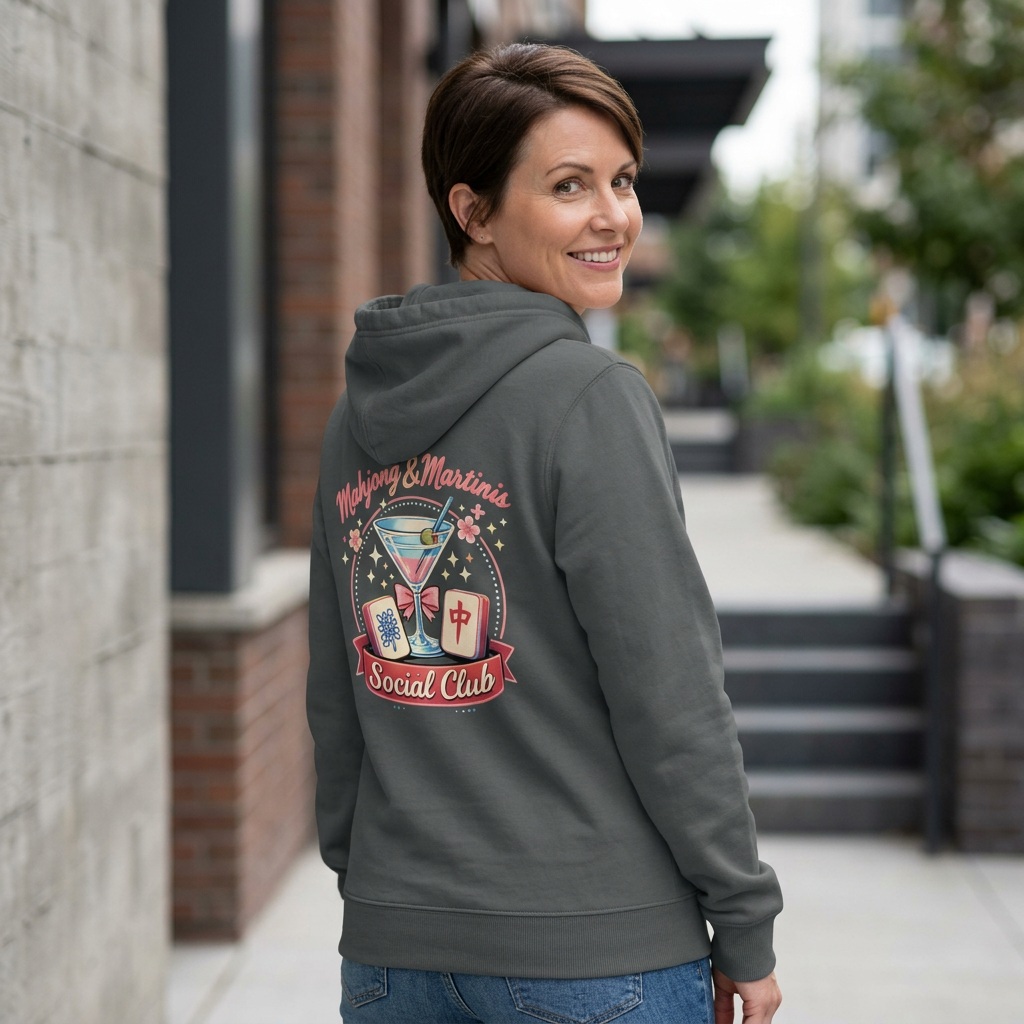 Women's Mahjong Social Club Hoodie — Mahjong & Martinis Graphic Hooded Long Sleeve