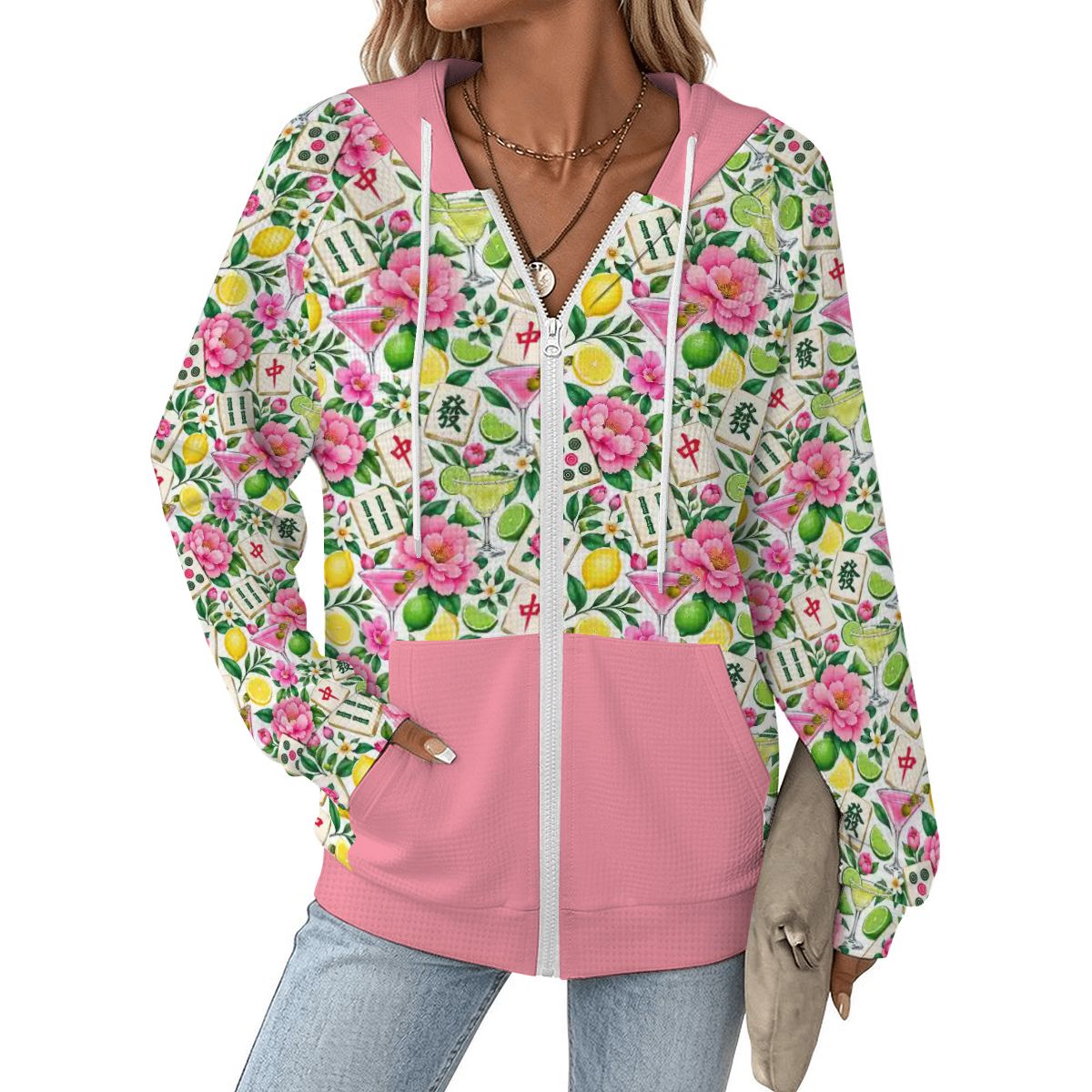 Mahjong and Drinks Pink Women's Full Zip Waffle Knit Hoodie