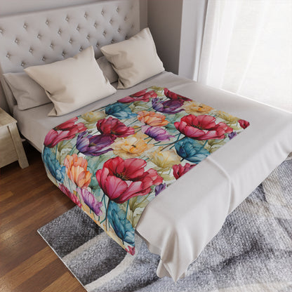 Ultimate Valentine's Day Gift - High Quality Microfiber Blanket - Watercolor painted Tulip Flower Design - 3 Sizes Available