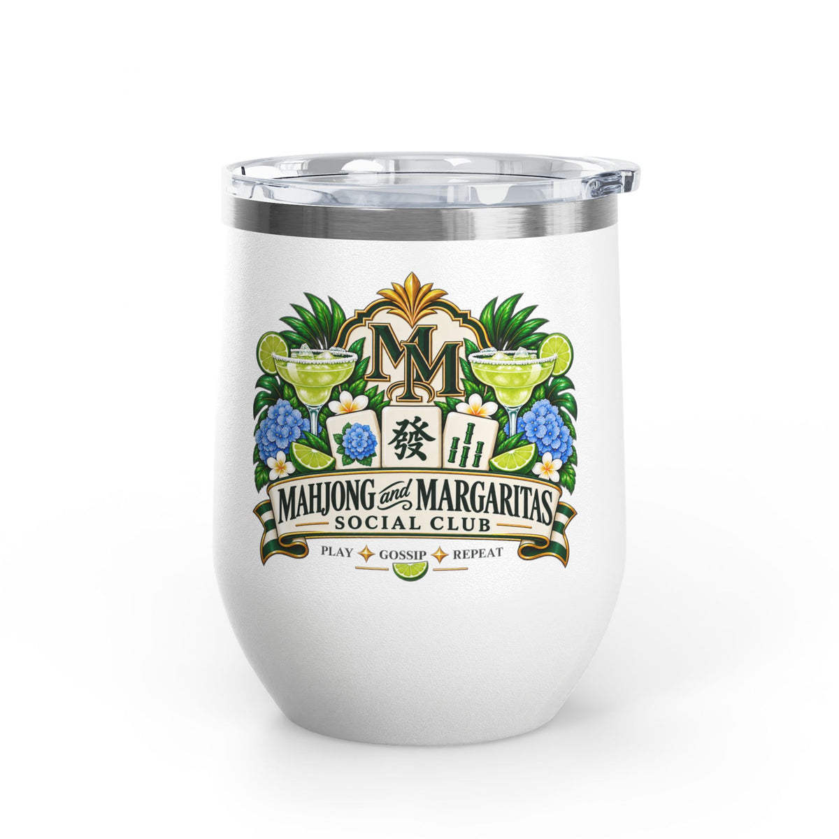 Mahjong & Margaritas Social Club Wine Tumbler – 12oz Insulated Stainless Steel Cup