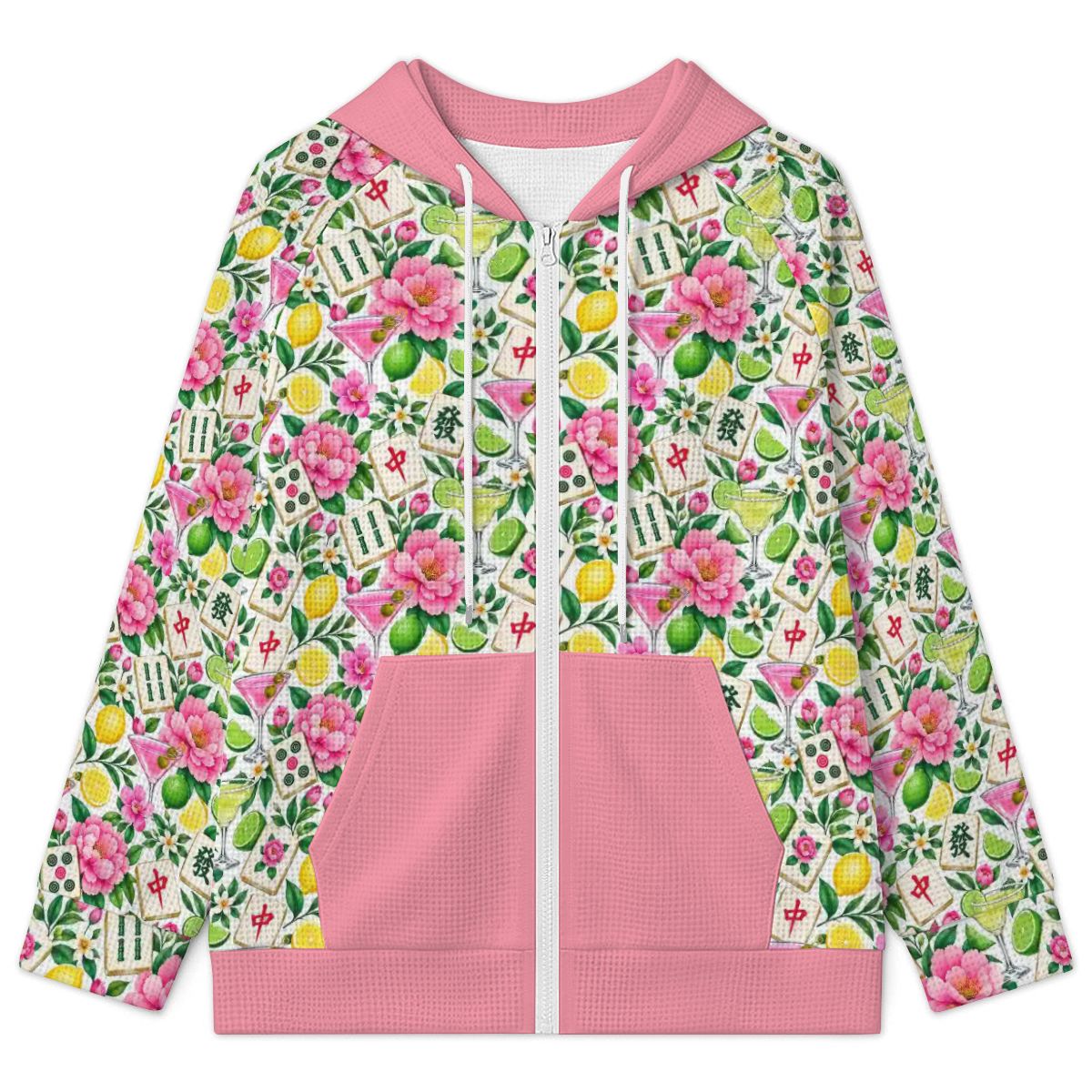 Mahjong and Drinks Pink Women's Full Zip Waffle Knit Hoodie