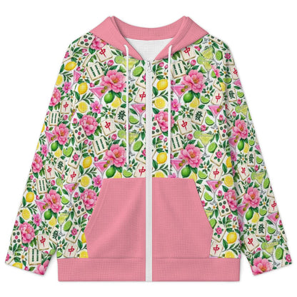 Mahjong and Drinks Pink Women's Full Zip Waffle Knit Hoodie