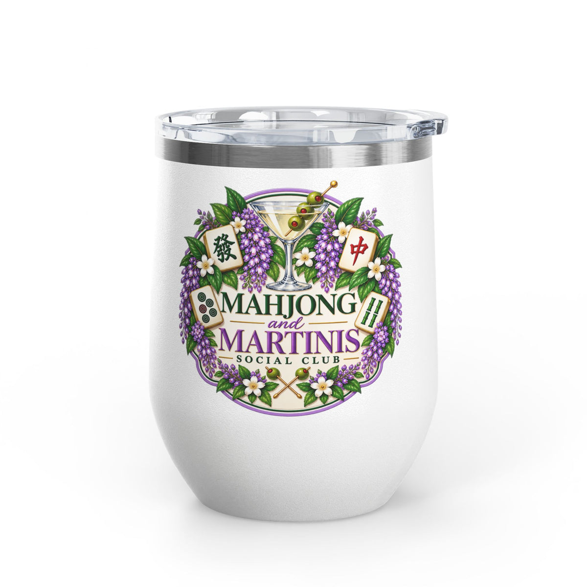 Mahjong & Martinis Social Club Wine Tumbler – 12oz Insulated Stainless Steel Cup