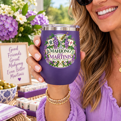 Mahjong & Martinis Social Club Wine Tumbler – 12oz Insulated Stainless Steel Cup