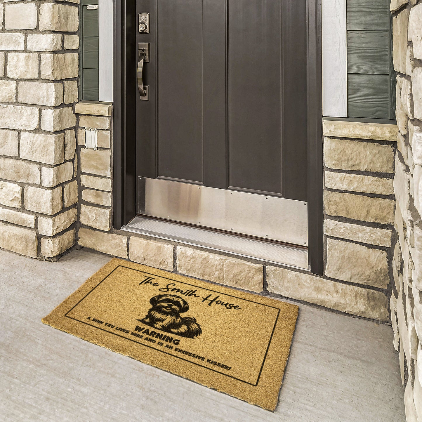 Custom Welcome Doormat - Let visitors knwo what is about to greet them - A Shih Tzu lives here and is an excessive kisser